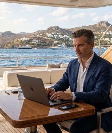 A business man working with a laptop on yacht