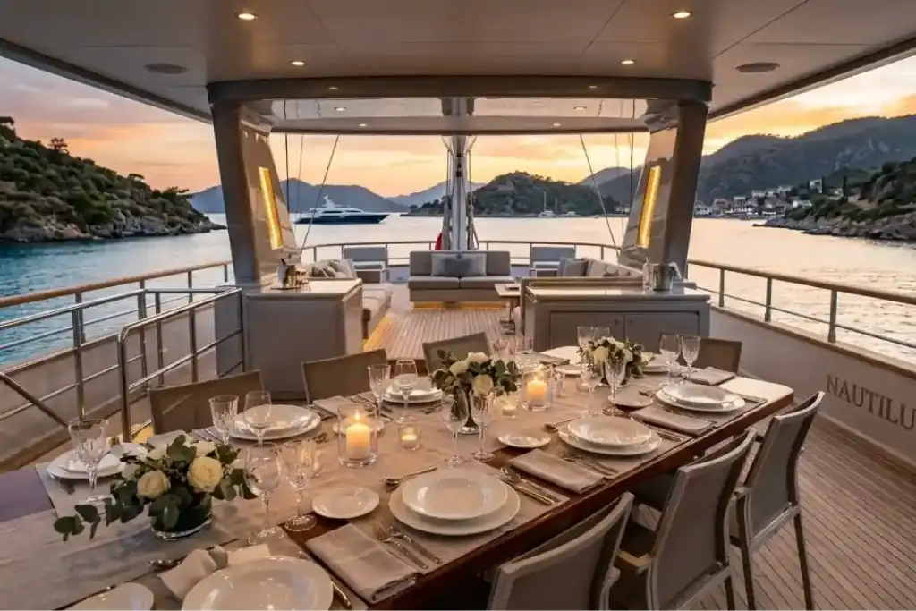 The Yacht Price Is Not The Whole Charter Cost Showing Al Fresco Dining Area With Aft Deck Lounge