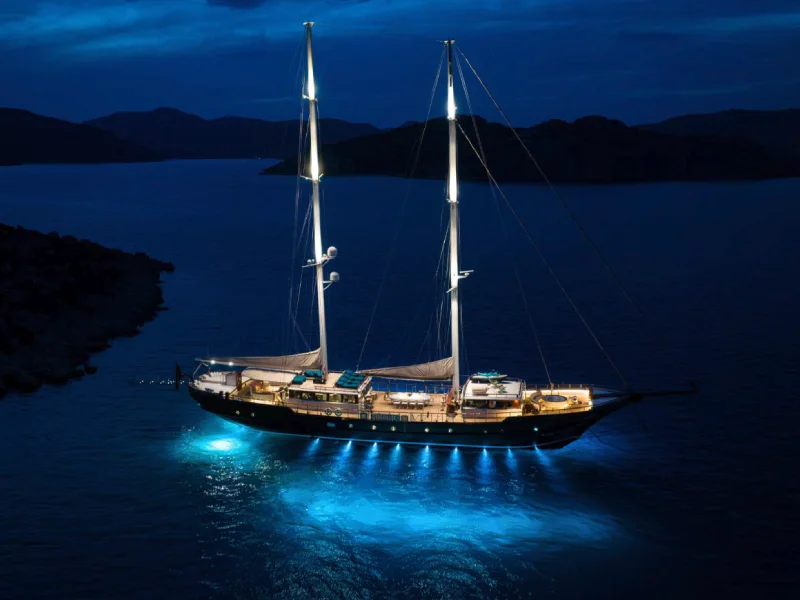Ekmar Yachting Mare Nostrum Gulet Yacht Cruise Exterior Anchored Night View