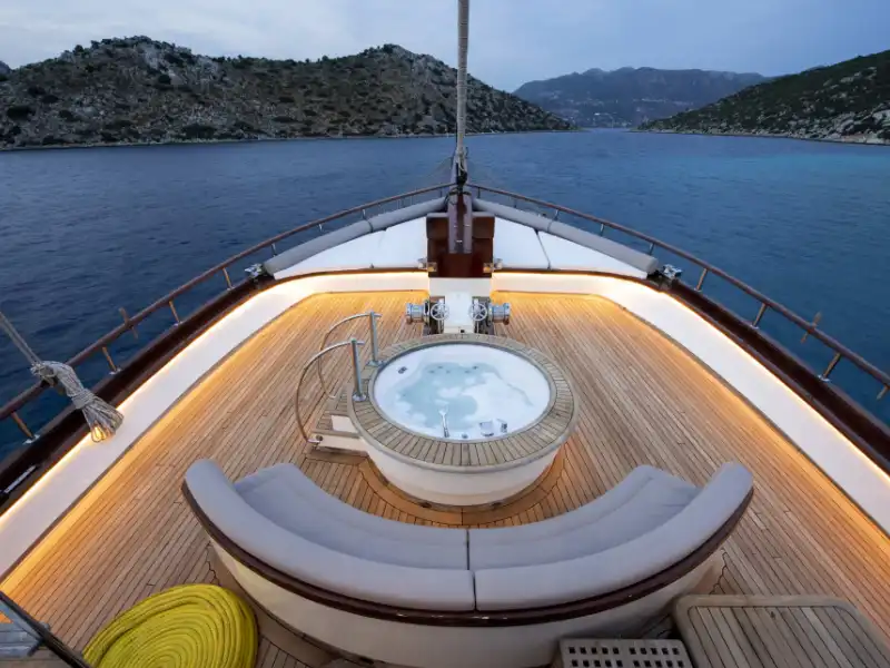 Ekmar Yachting Mare Nostrum Gulet Yacht Cruise Exterior Bow Deck With Jacuzzi Evening View